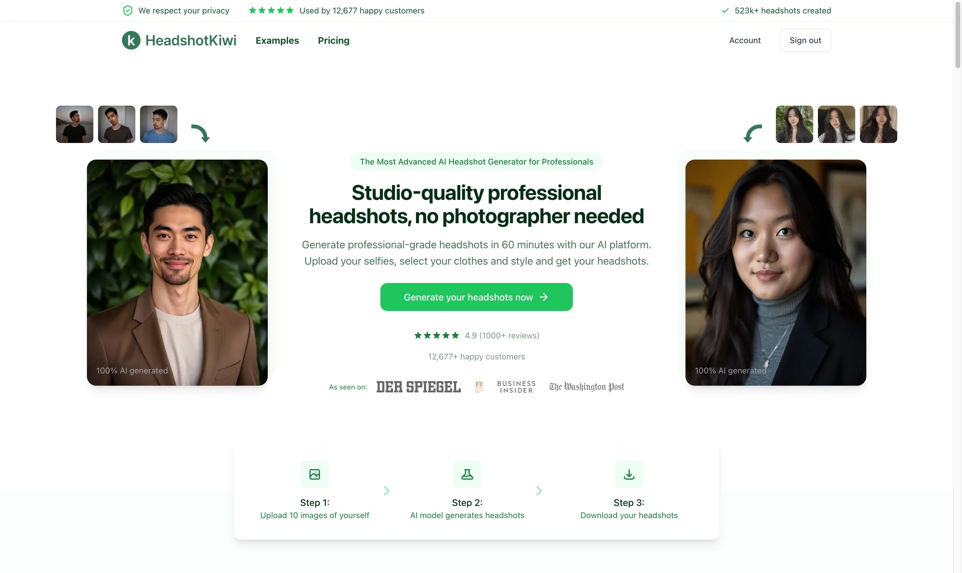 Headshot Kiwi AI headshot generator interface